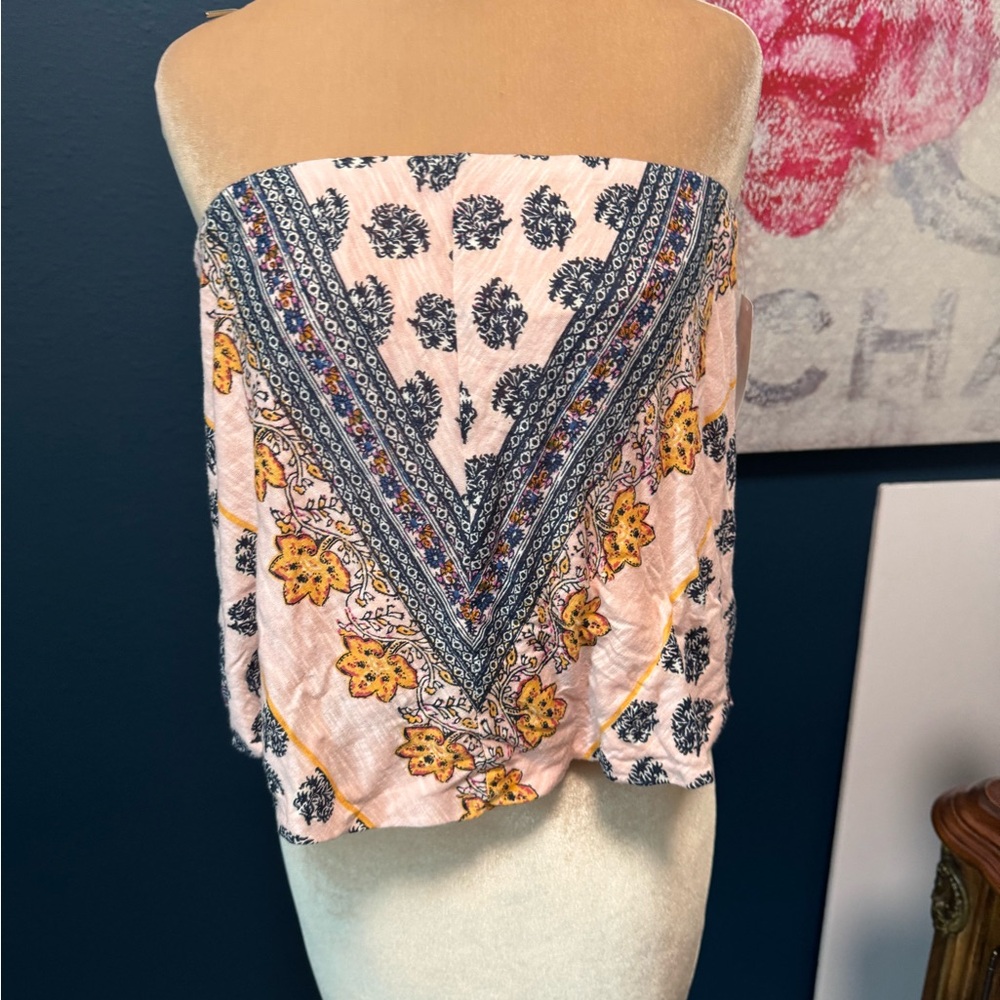 Free People Strapless Pink Paisley Floral Print Top
